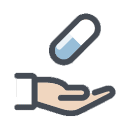 ícono de una mano con una pildora de medicamento